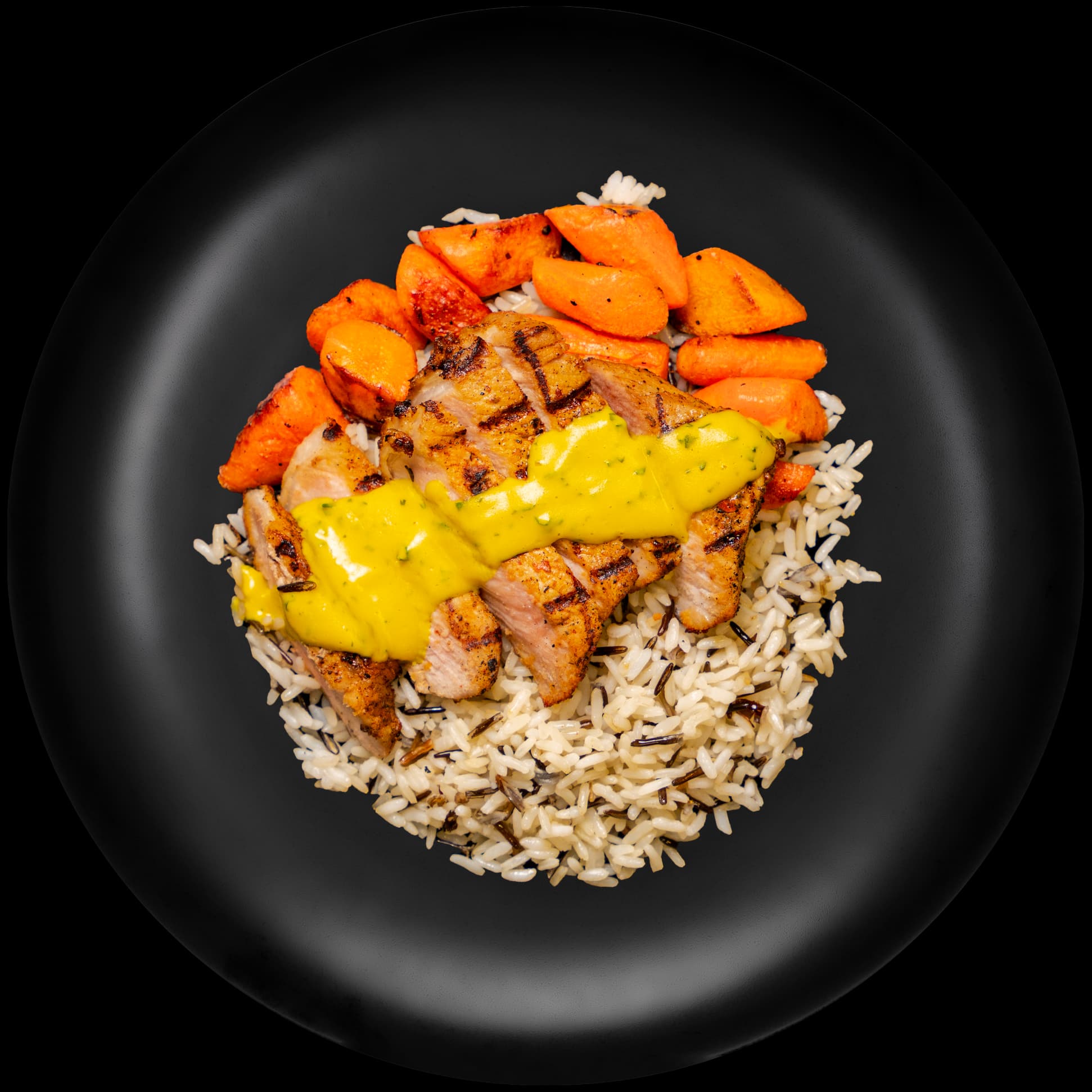 Golden Dijon Pork Chop w/ Wild Rice & Roasted Carrots