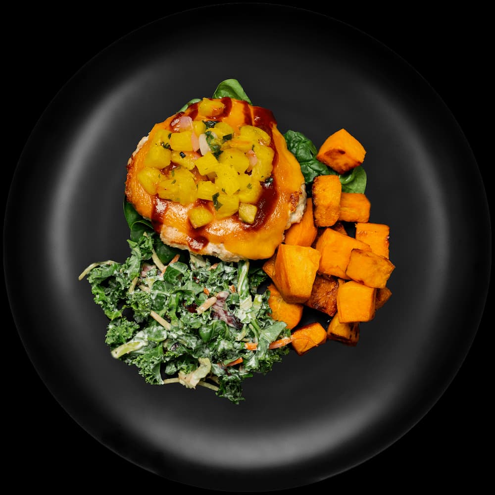 Hawaiian Chicken Burger w/ Sweet Potatoes & Power Slaw